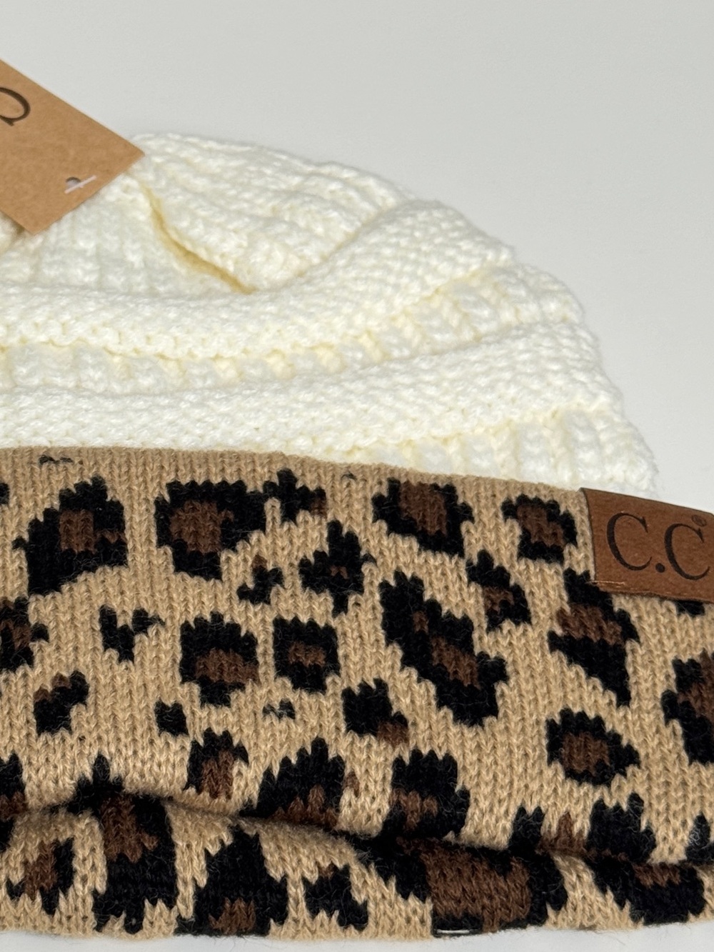 C.C Exclusives Ivory Cable Knit Beanie Leopard Print Cuff Winter Hat NWT